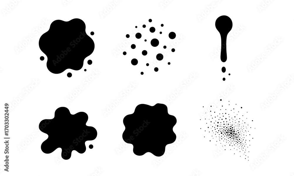 Poster ink splatter shapes set: dynamic black blot collection in minimalist design