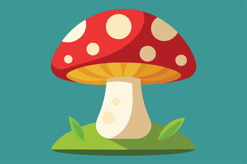 Isolated cartoon mushroom featuring a red cap with white spots sits on green grass