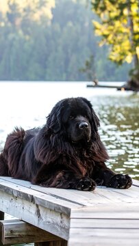Black Newfoundlander on a dock by a lake