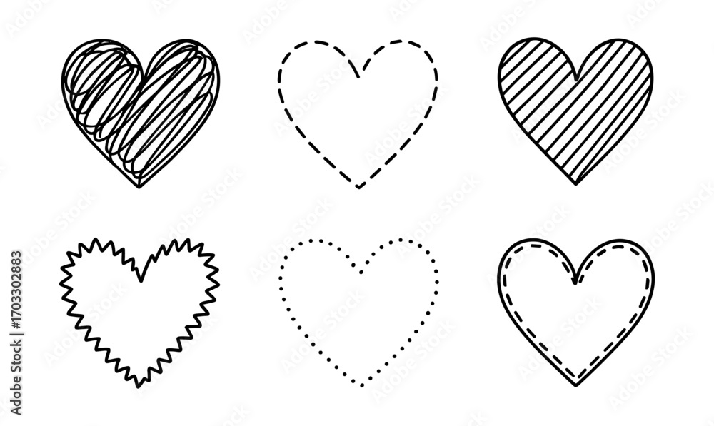 Poster hand drawn heart shapes collection with various patterns and doodles