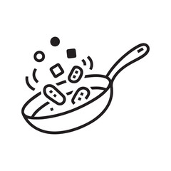 Stir fry cooking in a wok pan icon. Sizzling food preparation process. Black and white kitchen utensil line art vector illustration.
