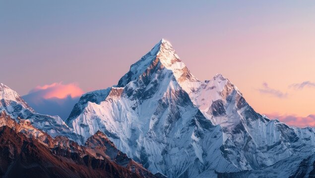 Majestic snow-capped mountain peak at sunrise with vibrant colors illuminating the sky - Powered by Adobe