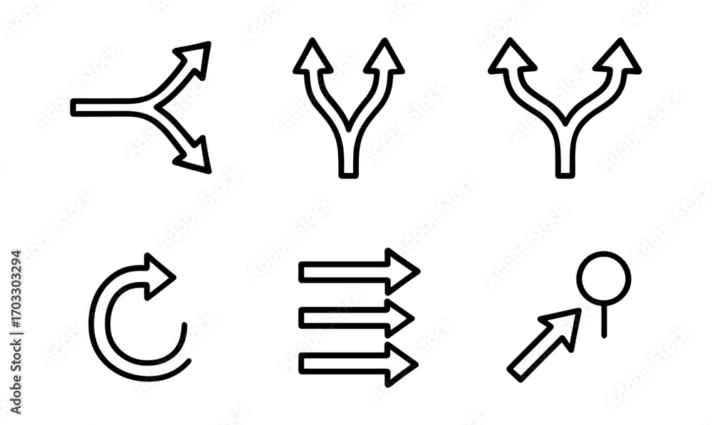 Poster minimalist arrow icons: various directions and styles for navigation and flow