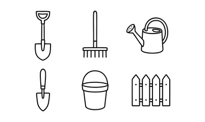 Set of gardening tools in simple black outline style: shovel, rake, watering can, trowel, bucket, fence