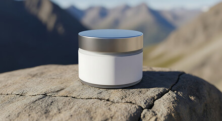 Rugged Cosmetic Jar Mockup On Rock With Mountain View (1)