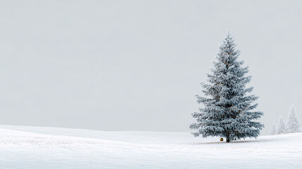 Fototapeta premium A solitary evergreen tree stands in a snow-covered landscape, evoking winter's serene beauty.