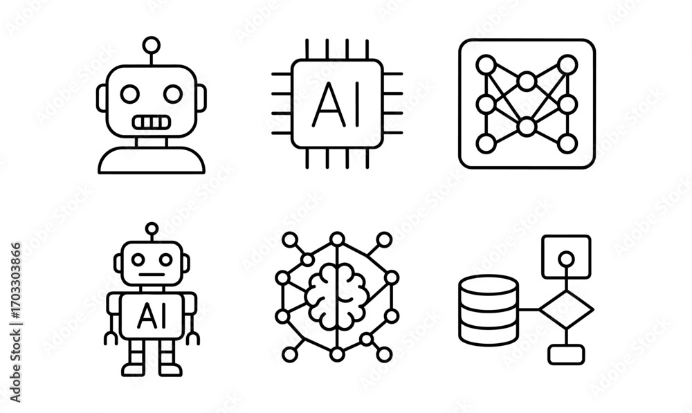 Poster linear ai icons: robots, neural networks, and data flow diagrams