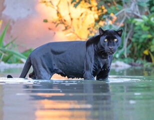 Black Panther in shallow water at sunset
