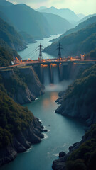 Picturesque view of mountain river flowing from hydropower plant dam between rocky slopes