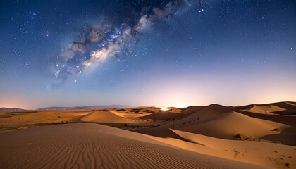 Vast desert dunes stretch under a star-filled night sky, with the Milky Way arching overhead and city lights in the distance