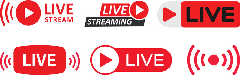 Live streaming icon. Red live buttons. Audience on live button. Social media livestream frame. Broadcasting, Online Video and Podcasts