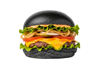 Gourmet Black Bun Burger: Juicy Beef Patty, Melted Cheddar, Fresh Lettuce & Tomato, Crispy Onion Rings & Special Sauce on Charcoal Bun. Isolated on White.