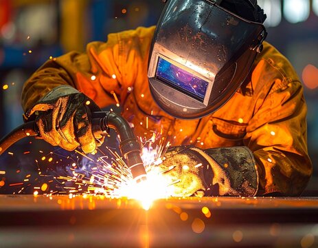 A welder in protective gear creating bright sparks while working with metal