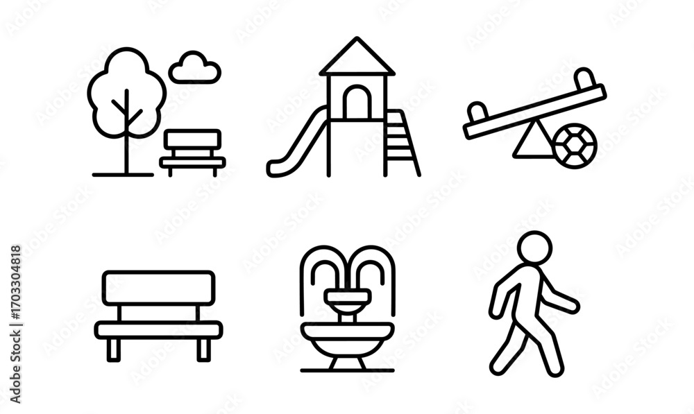 Poster minimalist park elements with playground and walking figure in linear style