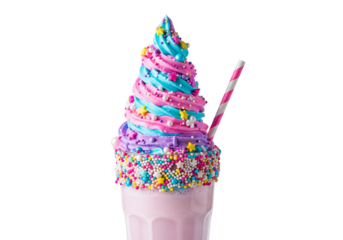 Vibrant Unicorn Freakshake: Magical Pastel Swirl Dessert with Rainbow Sprinkles, Whipped Topping, and Striped Straw, Isolated on White