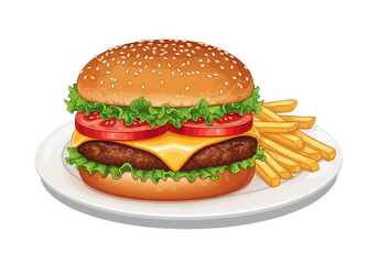Classic American Cheeseburger and Golden French Fries Meal on Plate. Isolated Vector Illustration of Delicious Fast Food.