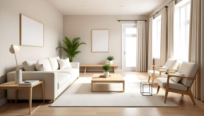 A living room with a white sofa, a wooden table, and two chairs, with a white carpet on a wooden floor, with white curtains and a blank picture frame.