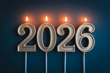 Golden 2026 candles with glowing flames celebrate the new year on a dark background
