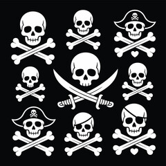 A collection of white pirate skull and crossbones icons on a black background vector graphic design