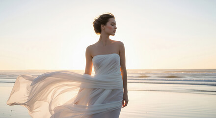 Beautiful bride in a white dress on the beach at sunset. Romantic and serene portrait with flowing fabric.