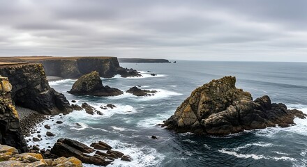 Dramatic Cliffs and Ocean Waves Crashing on Rocky Shoreline.