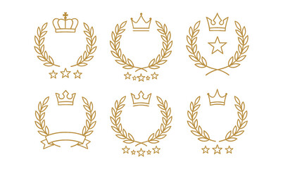 Elegant linear laurel crests with crowns and stars for award designs
