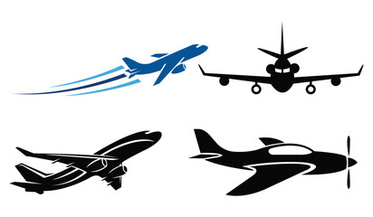 Vector set of airplane icons and silhouettes for air travel, transport, and aviation illustrations