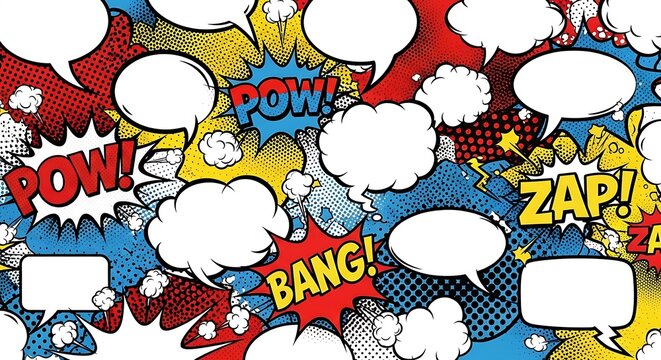Dynamic Comic Book Background with Speech Bubbles and Action Words. - Powered by Adobe