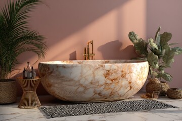 Luxurious, round marble bathtub in a boho-chic bathroom. Sunlight streams in