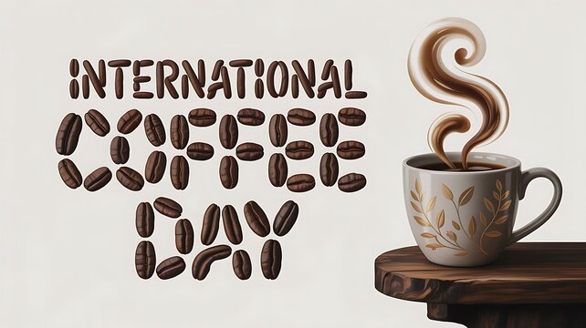 Creative International Coffee Day design with coffee beans typography and steaming hot coffee cup illustration
