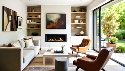 Living room with a gray sofa, two brown leather armchairs, a fireplace , and built-in shelves , with a large window overlooking a garden