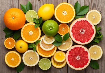Assorted Citrus Fruits with Refreshing Green Leaves on Wooden Surface