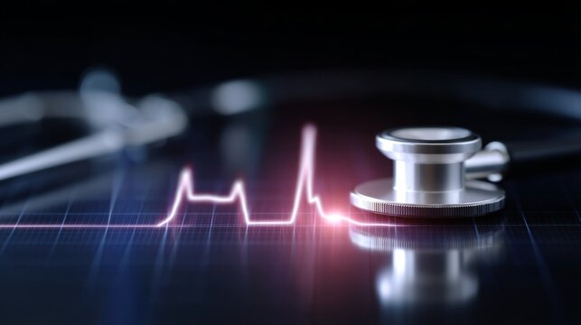A sleek stethoscope rests on a digital heartbeat monitor. This image captures the essence of modern medical technology in a striking and engaging manner. Perfect for health-related content. AI