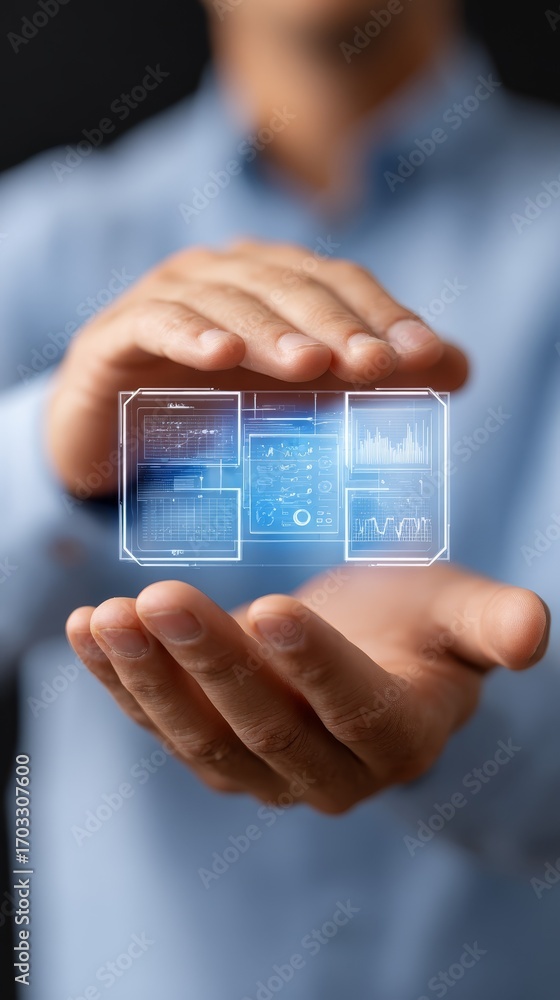 Poster man holding tablet, exploring digital interface and user experience of modern technology.