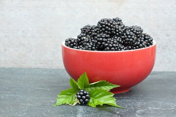 Sweet ripe blackberries, lat. Rubus fruticosus Thornless in a red bowl. Detail of a bowl full of ripe raspberries on the stone table.