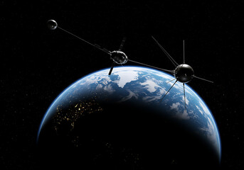 Early satellites orbiting Earth with city lights visible on the night side, symbolizing space exploration and technological advancement.
