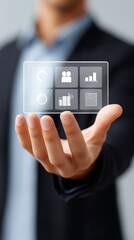 Businessman in suit engaging with interactive icon button, technology, innovation, and user interface.
