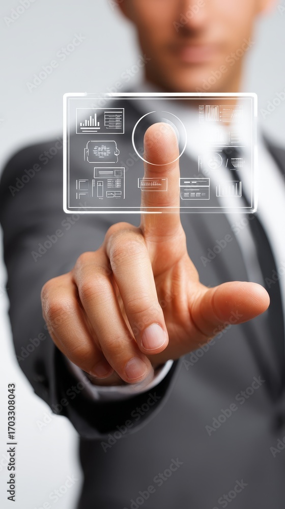 Poster businessman navigating futuristic interface, a glimpse into technological innovation and data analys