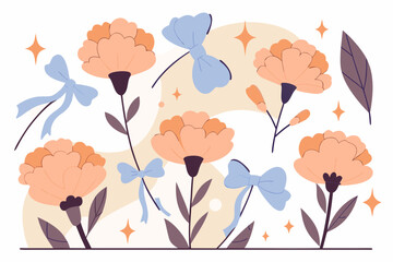 Vector art of a charming vector illustration featuring carnation flowers, ribbons, and stars, creating a whimsical and delightful floral arrangement