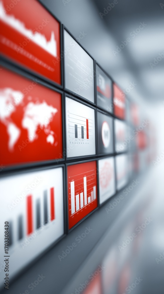 Aufkleber global connectivity, red and white screens displaying world map for communication data visualization