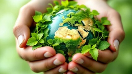 Hands holding earth globe with plants - Powered by Adobe