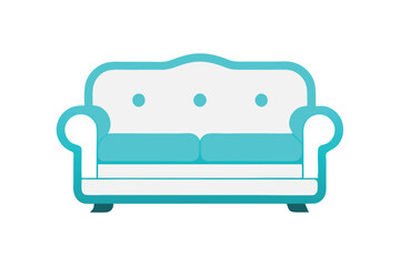Simplified couch boasts rounded armrests and teal accents against a white background