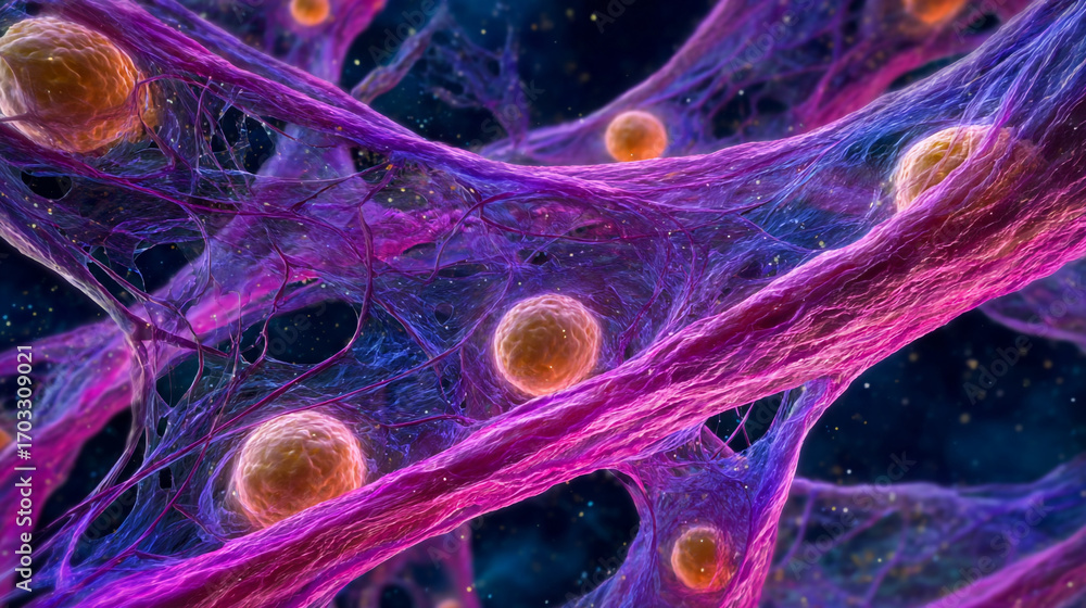 Poster microscopic view of cells within a purple and pink fibrous network structure