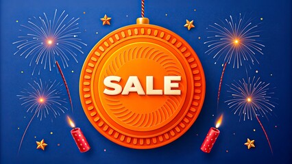 Blue festive sale background with fireworks and glowing lights

