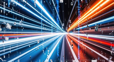 Futuristic light trails accelerating into a tunnel of blue and orange streaks speeding forward dynamic motion