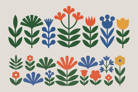 Scandinavian Folk Art Inspired Floral Pattern With Stylized Flowers In Bold Geometric Shapes And Vibrant Colors On A Neutral Background