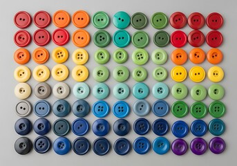 Assortment of colorful sewing buttons arranged by rainbow spectrum