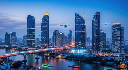 Breathtaking urban skyline at twilight featuring modern skyscrapers illuminated by city lights and reflected in water