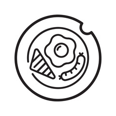 Breakfast plate icon with fried egg, sausage, and toast. Full English or American breakfast line art vector for a morning meal, brunch, or cafe menu.
