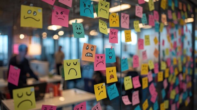 Colorful sticky notes with various facial expressions on a glass wall in a busy office environment